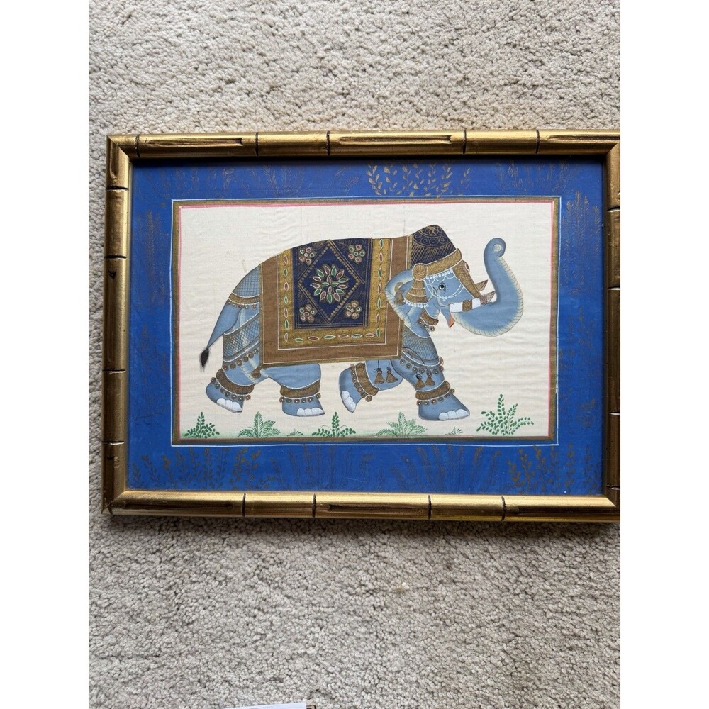 Vintage Indian Hand-PaintedJeweled Elephant on Silk Fabric